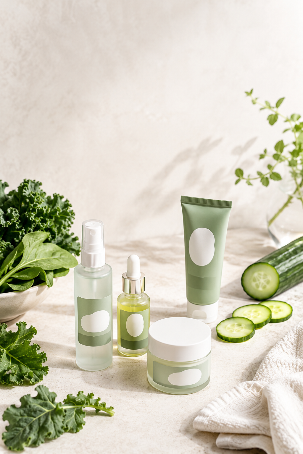 Green wellness skincare flatlay with generic bottles and jars