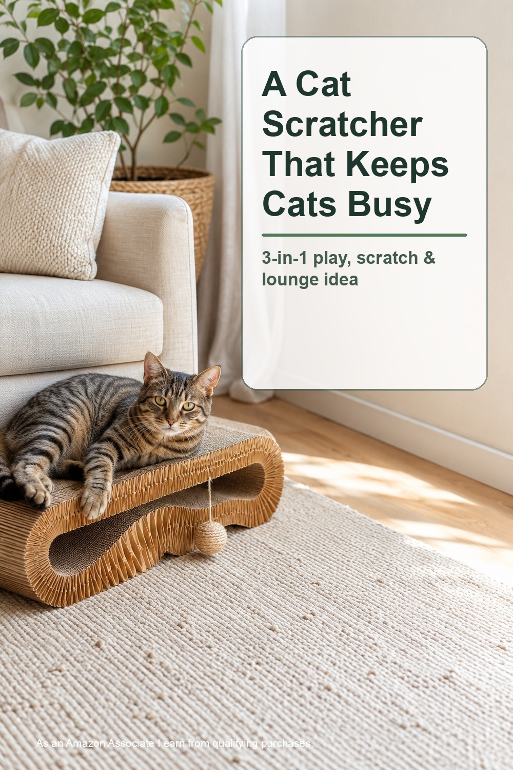 Cat playing near a cardboard cat scratcher toy in a bright living room