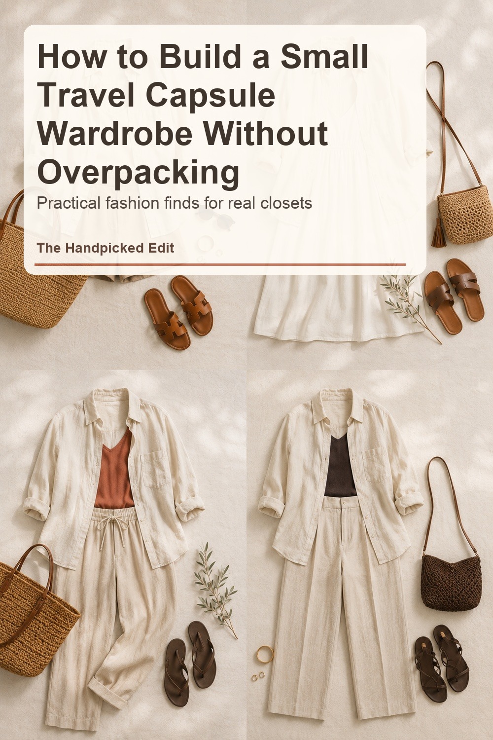 Neutral travel capsule wardrobe outfits with shoes and accessories arranged in a flat lay