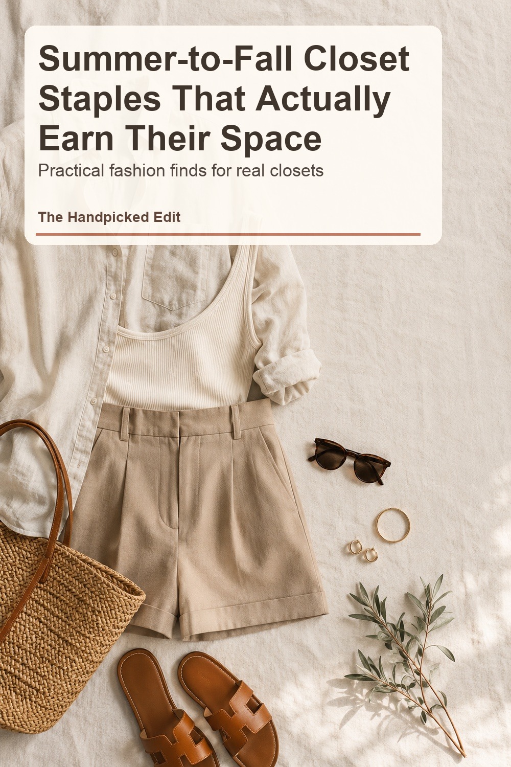Neutral summer-to-fall clothes, sandals, and accessories arranged in a bright wardrobe flat lay