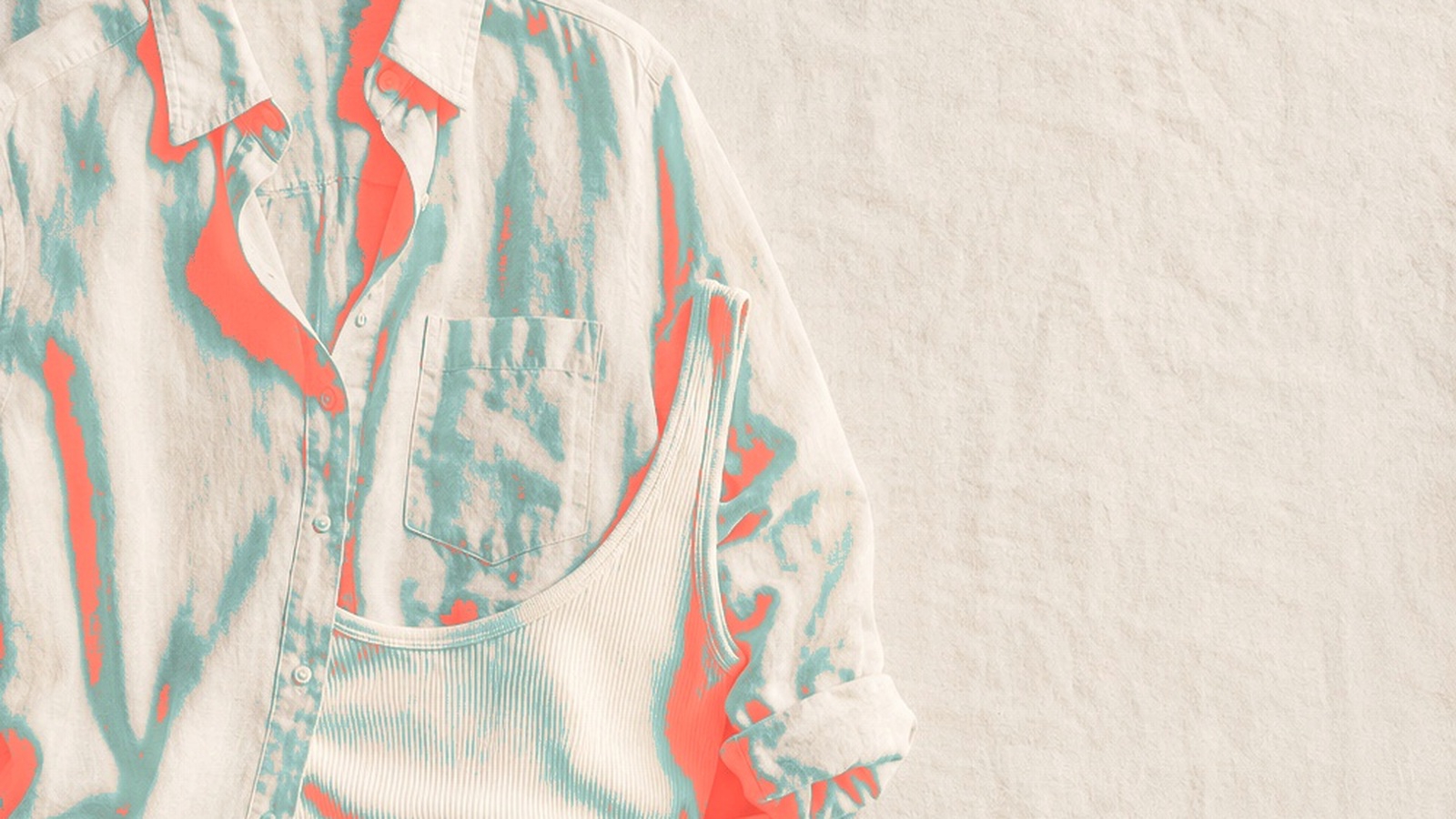 Bright summer fashion flat lay with cream clothing, aqua and coral accents for a three-color outfit rule post