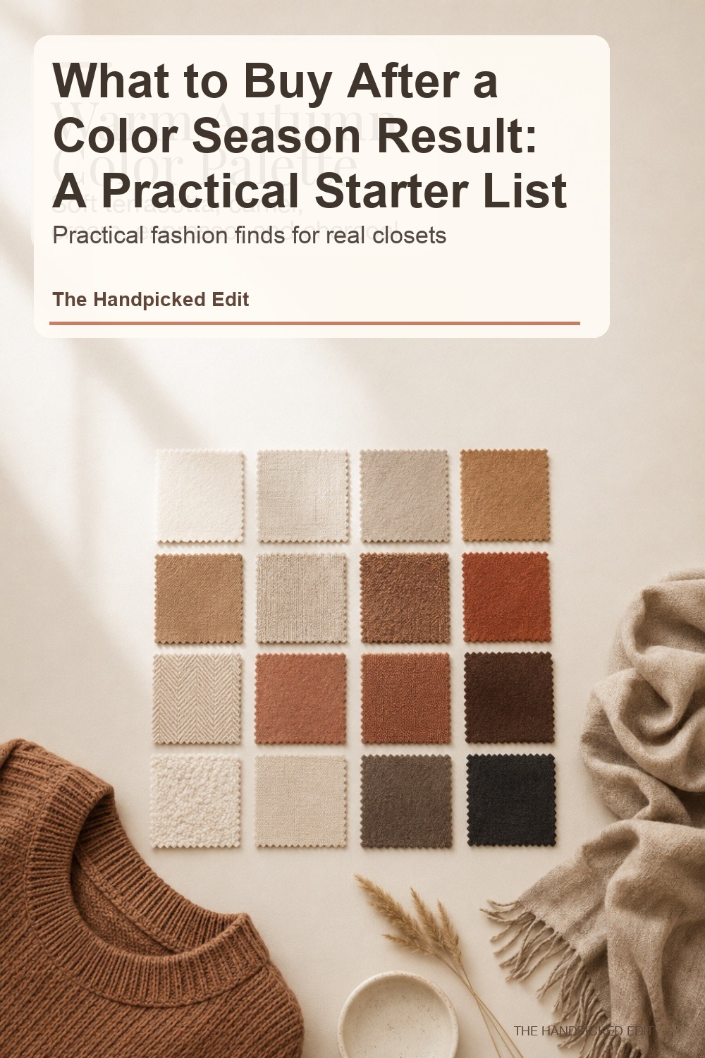 Color swatches, folded clothes, and wardrobe accessories arranged as a color season starter list