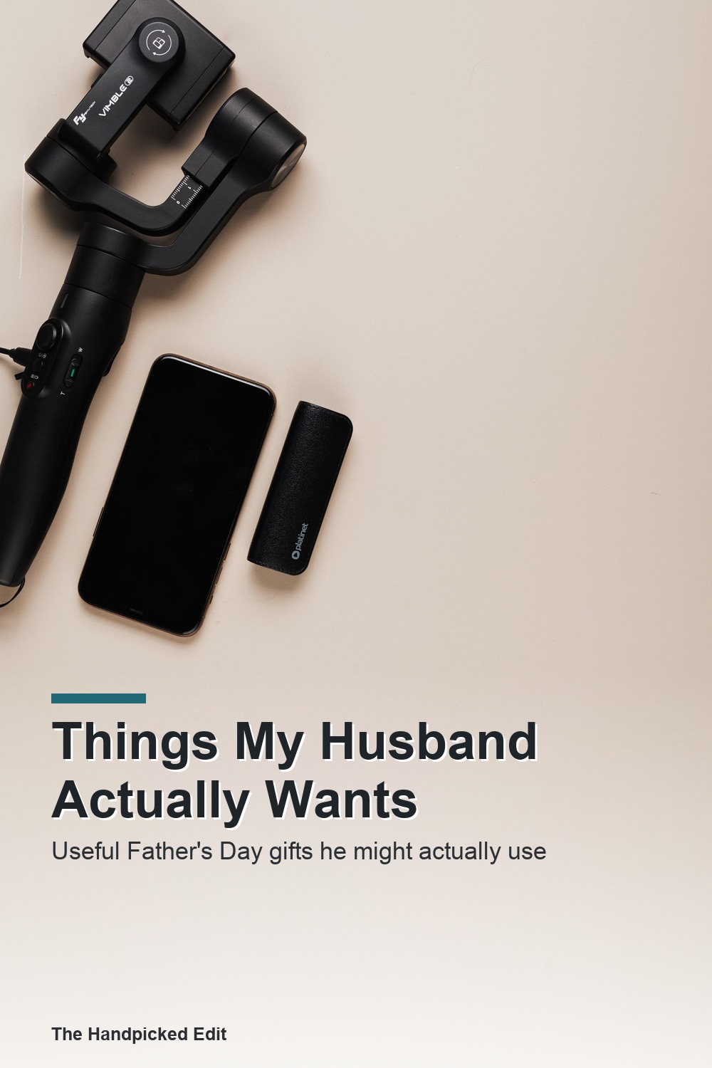 Practical tech items on a neutral surface for a useful Father's Day gift guide