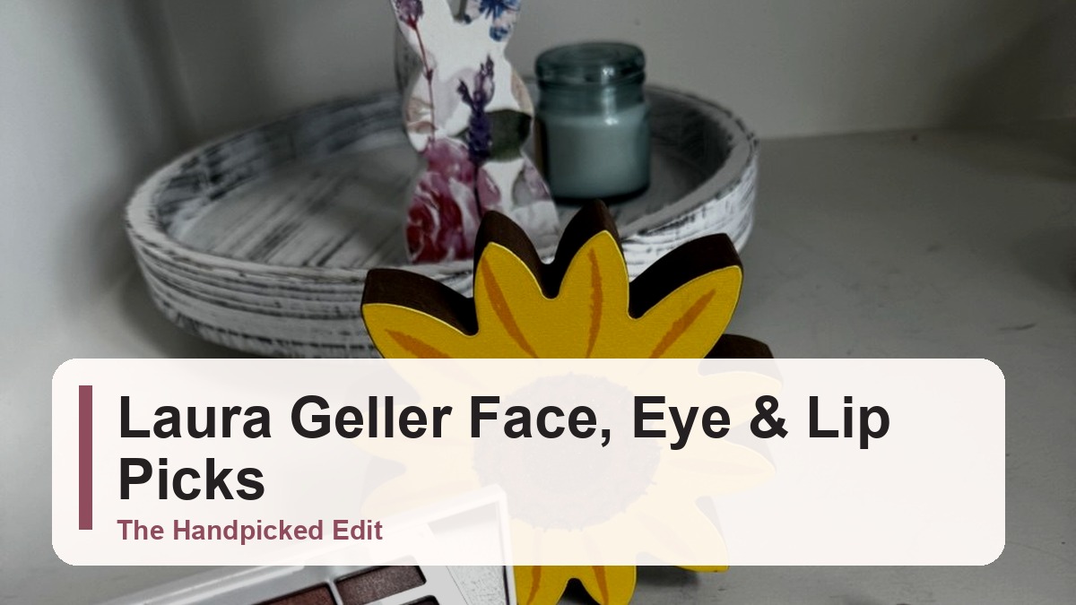 Laura Geller eye palette, liner, shadow, and makeup brush arranged on a vanity