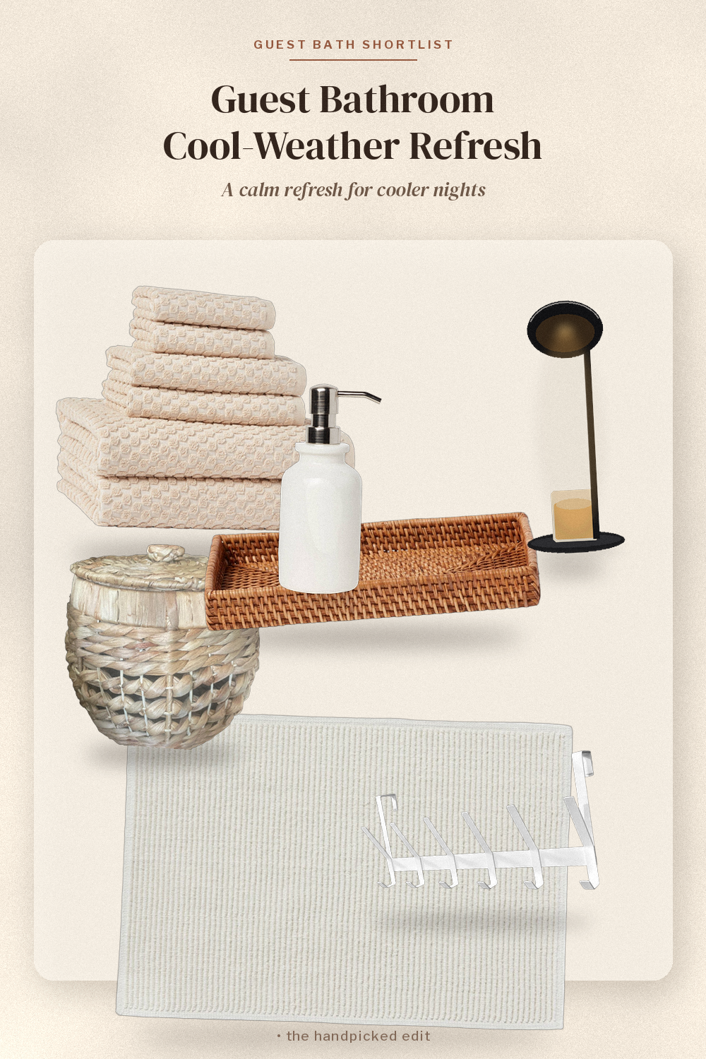 Guest bathroom cool-weather refresh: khaki towels, ceramic soap pump, rattan tray, cream rug and candle-warmer lamp